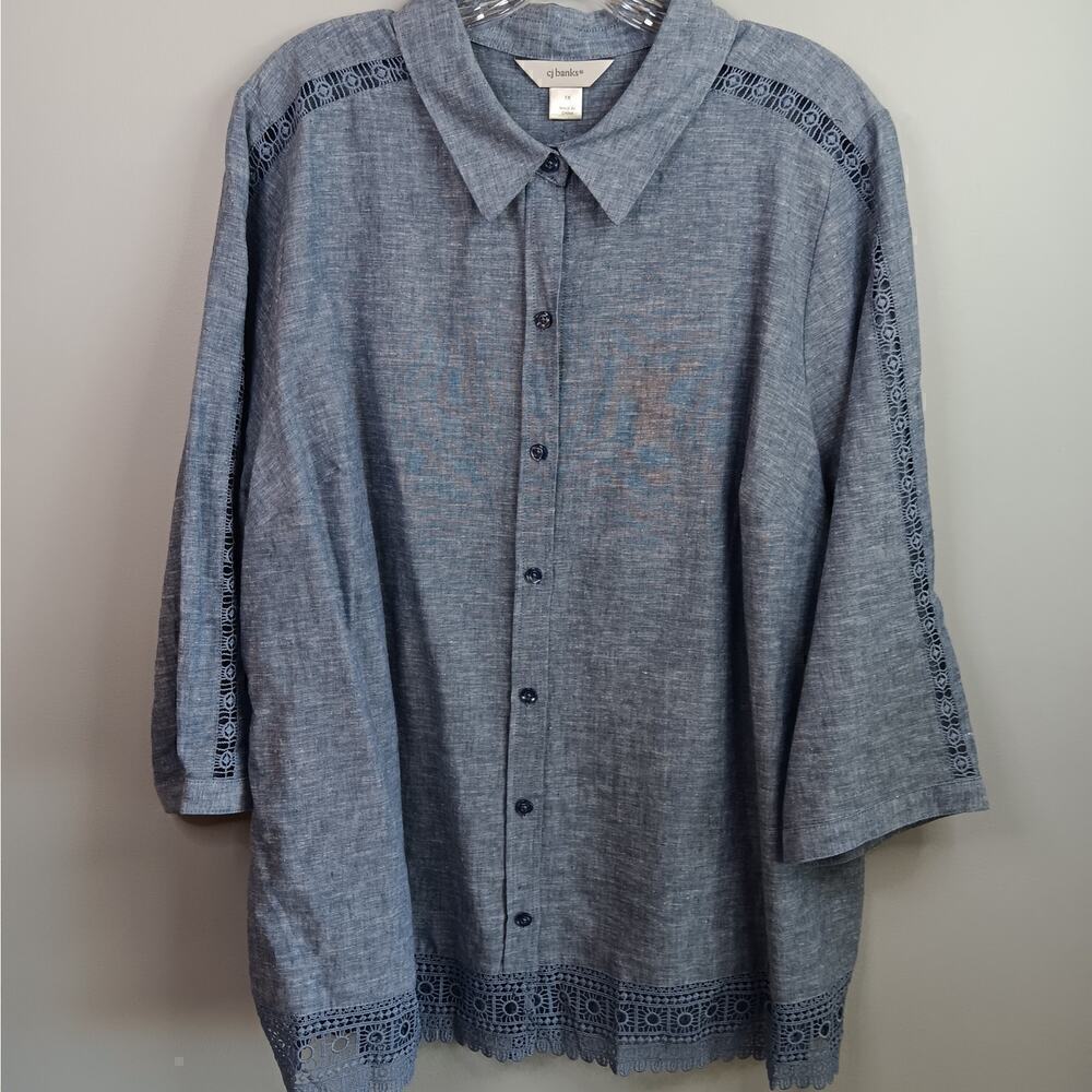 EUC CJ Banks Blue Linen and Cotton Blend Blouse with Lace Size 1X